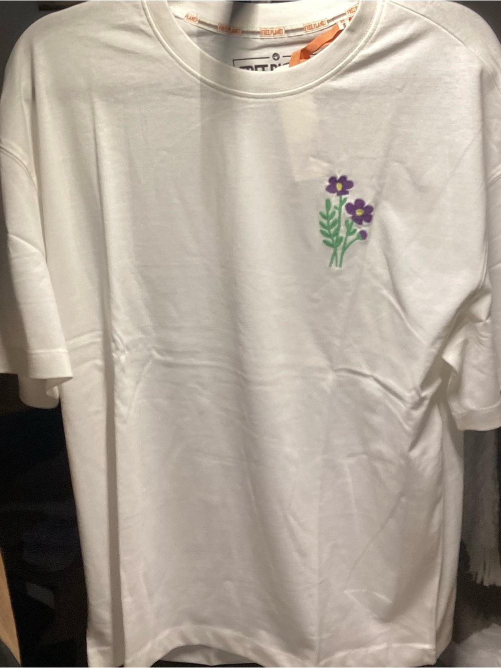 Free Planet White Short Sleeve Tee with Purple Floral Embroidery